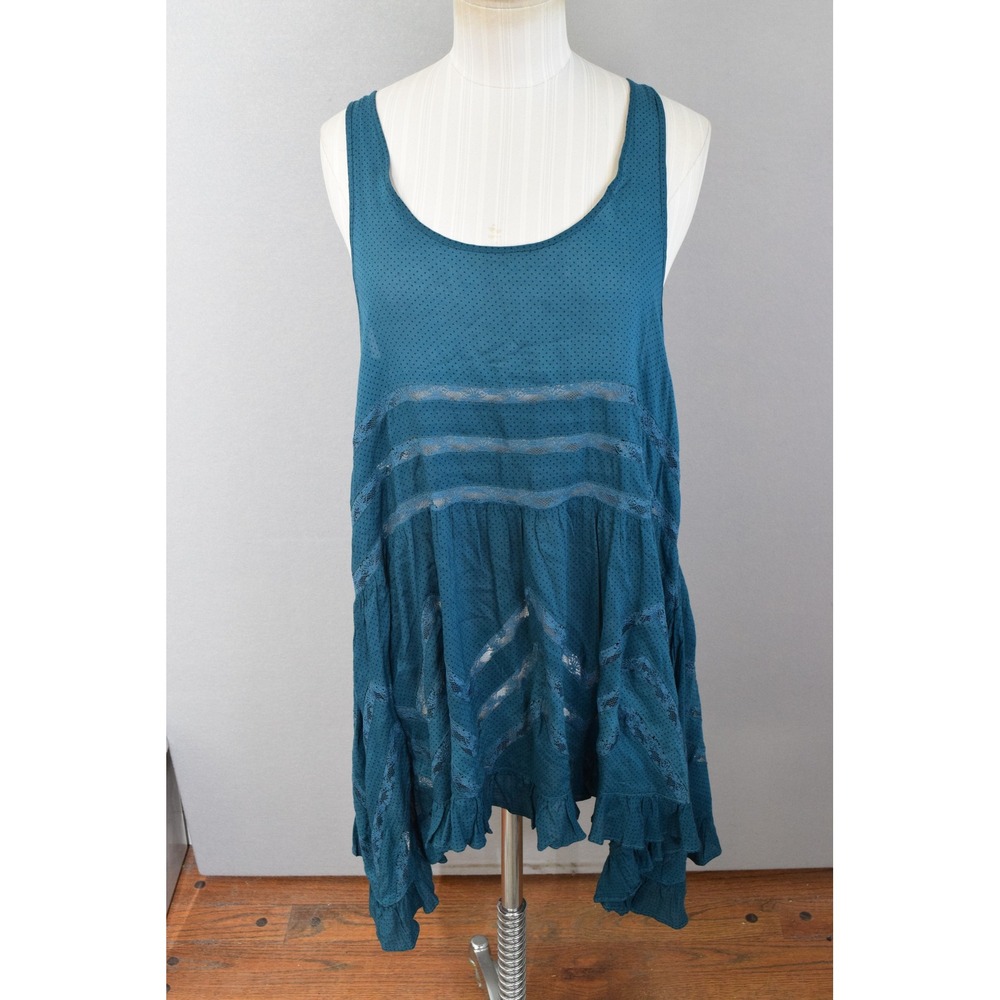 Intametly Free People Ttrapeze Swing Dress Small Teal Blue Lace Swiss Dot Boho